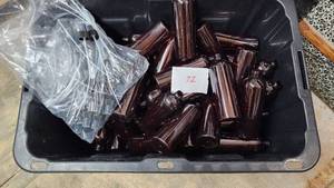 lot 113 image: Amber Plastic Bottles with Pump Dispenser - 7 Tall - 72 of them, Dispensers Not Counted