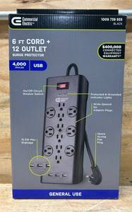 lot 128 image: Commercial Electric 6 FT Cord  12 Outlet Surge Protector
