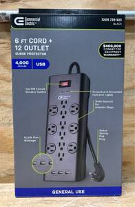 lot 129 image: Commercial Electric 6 FT Cord  12 Outlet