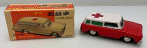 lot 91 image: Vintage 1965 China MF-732 Ford Fairlane Ambulance With Siren Friction Car In Original Box (WORKS)