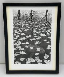 lot 220 image: Framed Behind Glass M.C. Escher Three Worlds Print 12 34 x 16 34