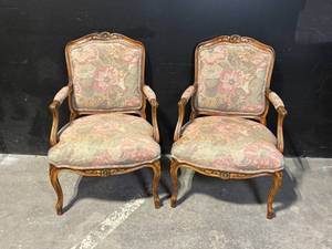 lot 213 image: Pair of Vintage Floral Upholstered Armchairs - Carved Wood Frames