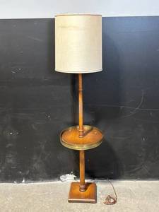 lot 214 image: Vintage Wood Floor Lamp with Round Brass-Trim Tray Shelf and Linen Drum Shade