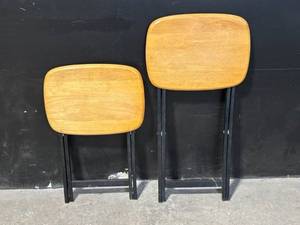 lot 215 image: Pair of Vintage Wooden Stools on Black Metal Frames
