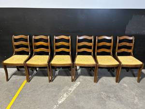 lot 217 image: Dining Chairs - Vintage Ladder-Back with Gold Damask Upholstery (Lot of 6)