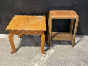 lot 220 image: Oak End Tables Pair Ornate Carved Table with Scroll Legs & Simple 2-Tier Table