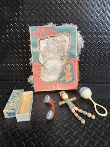 lot 261 image: Ideal Plastic Infant Rattle, Baby Shawl & Beaded Toy - Vintage Nursery Lot