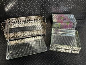 lot 262 image: Vintage Filigree Metal Vanity Organizer Set with Floral Glass Boxes