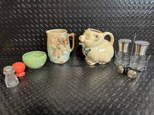 lot 278 image: Pig-Shaped Ceramic Teapot - Floral Accent Mug - Green Leaf Bowl - Salt & Pepper Shaker Set