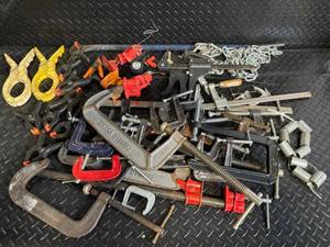 lot 297 image: Assorted Clamps & Hardware - C-Clamps, Bar Clamps, Locking Pliers, Chains
