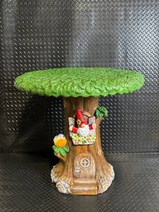 lot A-299 image: Garden Tree Stump Birdhouse Statue With Gnome & Bird, Green Leaf Canopy