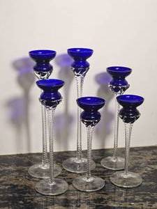 lot 280 image: Set of Six Cobalt Blue Cut Crystal Stem Candleholders