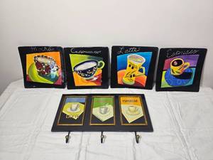 lot 205 image: Coffee & Espresso Theme Decorative Plates with Coordinating Wall Hook Rack