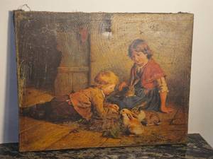 lot 135 image: Feeding the Rabbits Vintage Print by Felix Schlesinger