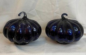 lot 174 image: Pair of Deep Cobalt Art Glass Pumpkin D�cor by Cynthia Rowley