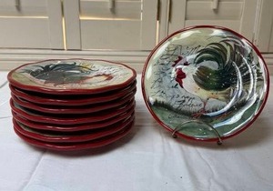 lot 237 image: Rooster Motif Red Rim Salad Plates Set