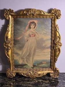 lot 169 image: Ornate Gold Framed Portrait Style Print of Young Girl in Ribbon Hat