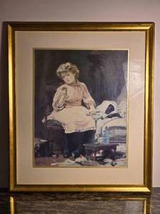 lot 171 image: Gold Framed Vintage Style Print of Girl with Dog Interior Scene