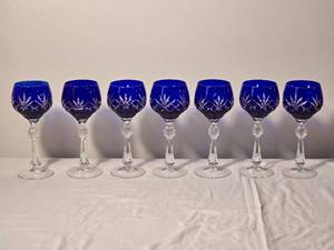 lot 55 image: Cobalt Blue Cut Crystal Wine Goblets Set of Seven