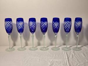lot 57 image: Cobalt Blue Cut Crystal Champagne Flutes Set of Seven