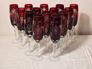 lot 62 image: Red Cut Crystal Champagne Flutes Set