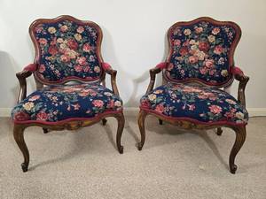 lot 25 image: Pair of Floral Upholstered Wood Armchairs