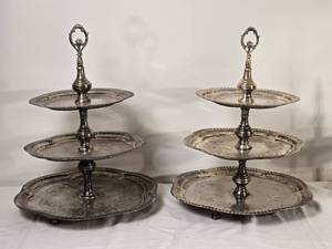 lot 78 image: Pair of Three Tier Silver Tone Serving Stands