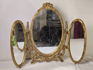 lot 82 image: Ornate Gold Tone Triple Vanity Mirror