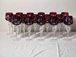 lot 93B image: Set of 12 Hand Cut Ruby Crystal Goblets by Crystal Clear Industries Poland