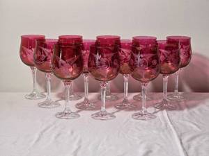 lot 93A image: Set of 12 Cranberry Etched Crystal Wine Goblets