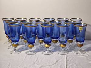 lot 93G image: Large Set of Cobalt Blue Goblets with Gold Band Stems - Block