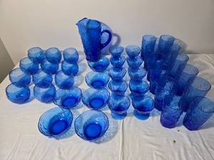 lot 93E image: Large Cobalt Blue Textured Glass Drinkware and Serving Set with Pitcher