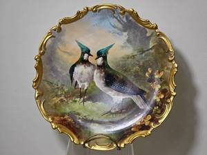 lot 226 image: French Limoges Hand-Painted Charger with Blue Jays, Signed Dubois
