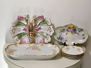 lot 222 image: European Porcelain Serving & Decorative Lot  Butterfly Dish, Floral Limoges & Gilt Serving Pieces