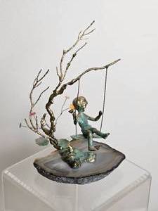 lot 165 image: Malcolm Moran Bronze Sculpture on Agate Base, Child on Swing