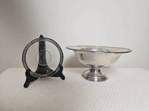 lot 37 image: Sterling Silver Compote Bowl with Etched Glass Wine Coaster