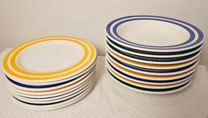lot 196 image: Tre Ci Italian Ironstone Dinner Plates and Pasta Bowls with Blue and Yellow Double Stripe