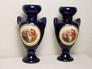 lot 197 image: Pair of Cobalt Blue Porcelain Footed Vases, Czechoslovakia