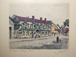 lot 109 image: Original Hand-Colored Lithograph Barbizon  LAubergeGanne by Maurice Jacque, c.1880