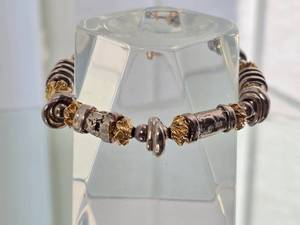 lot 71H image: Heavy Mixed-Metal Artisan Bead Bracelet with Sterling Silver and Gold Accent Elements 32 Grams