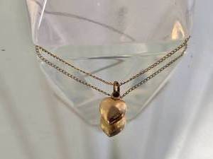 lot 71F image: Delicate 14K Yellow Gold Double Heart Pendant Necklace on Fine Chain 