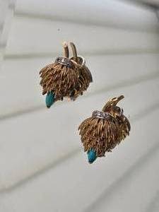 lot 58 image: 18K Yellow Gold Thistle Earrings with Turquoise and Diamond Accents  15g