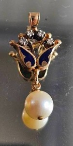 lot 47 image: Vintage Edwardian Blue Enamel Pendant with Diamond Accents and Dangling Pearl