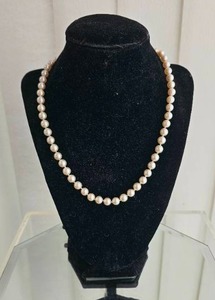 lot 44 image: Vintage Strung Pearl Necklace with 14K Gold Clasp Approx. 18 Inch Length