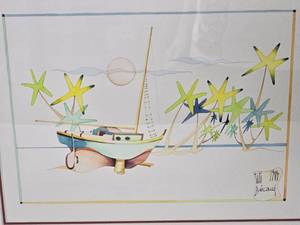 lot 119C image: Orginal Signed Titi Becaud Artwork Fishing Boat French Polynesia, 1984