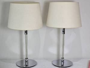 lot 10A image: Pair of Contemporary ChromeLucite Table Lamps with Shades