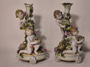 lot 236 image: Vintage German Pair of Porcelain Cherub Figural Candlesticks