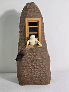 lot 199H image: Contemporary Mixed Media Sculptural Tower with Figurative Window Scene