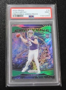 lot 93 image: 2024 Prizm Fireworks Green JJ McCarthy #18 PSA 9 Rookie Card
