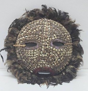 Old Ceremonial Round Dance Mask wCowries Feathers &amp Beads